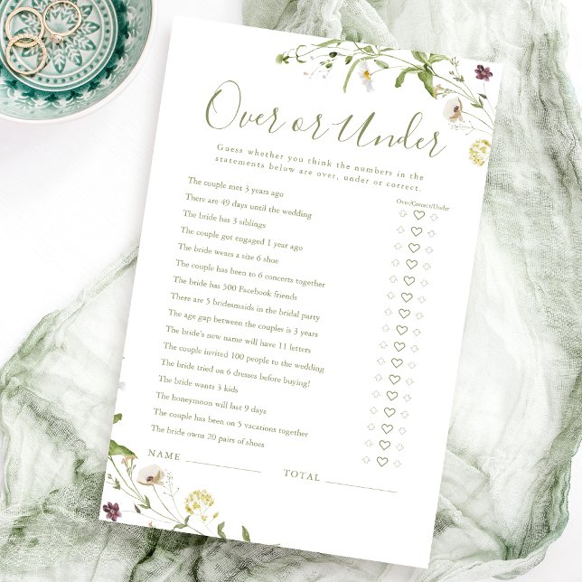 Boho Wildflower Over of Under bruids douche spel (Boho Wildflower Over or Under bridal shower game)