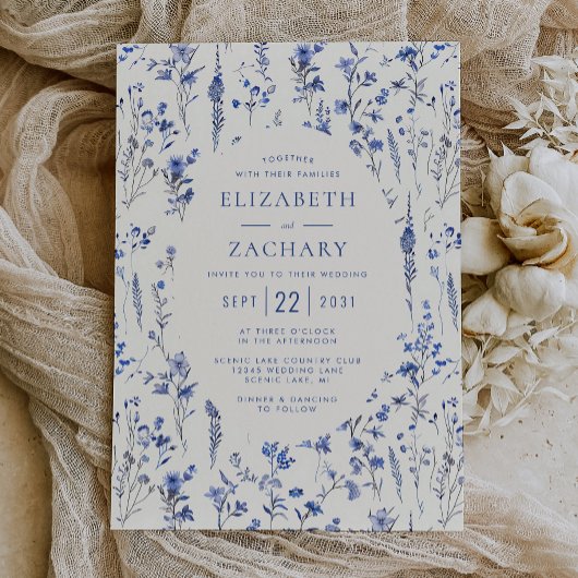 Boho Wildflower Patroon Blauw Ivoor Bruiloft Kaart