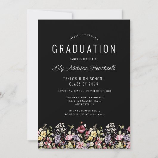 Boho Wildflower Pattern Black Graduation Party Kaart (Voorkant)