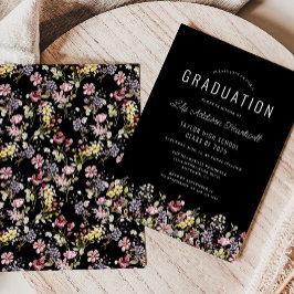 Boho Wildflower Pattern Black Graduation Party Kaart