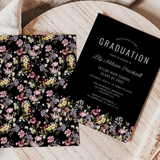 Boho Wildflower Pattern Black Graduation Party Kaart
