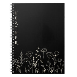 Boho Wildflower Personalized Black Gift for Her Notitieboek