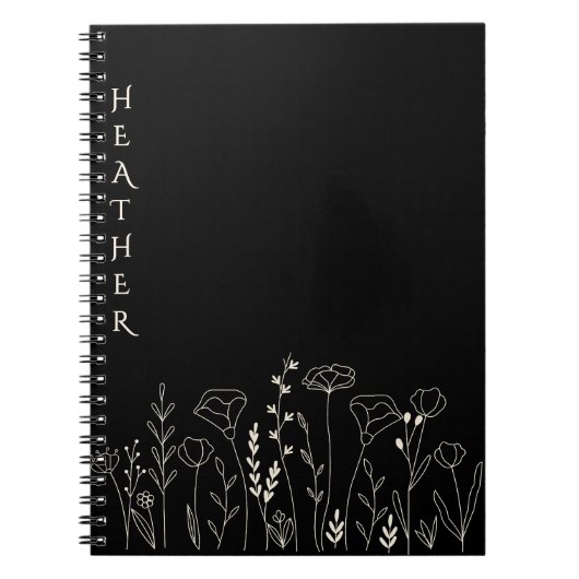 Boho Wildflower Personalized Black Gift for Her Notitieboek (Voorkant)