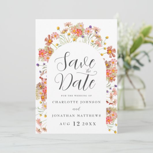 Boho Wildflower Photo Arch Wedding Save The Date (Staand voorkant)