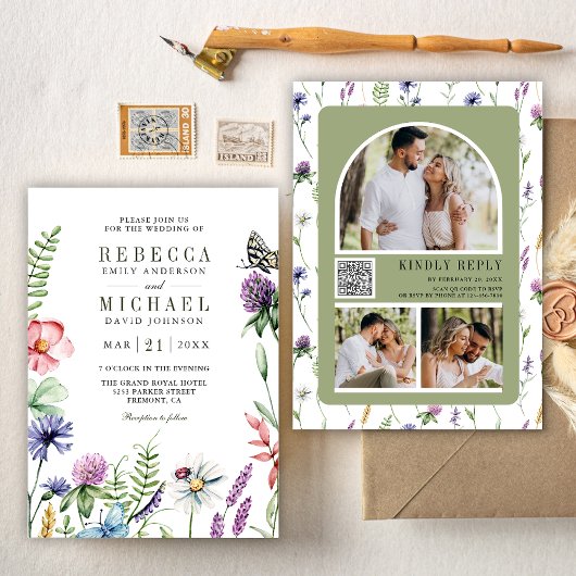 Boho Wildflower Photo Collage QR Code Wedding Kaart
