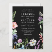 Boho Wildflower Photo QR Code Black Wedding Kaart (Voorkant)