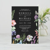 Boho Wildflower Photo QR Code Black Wedding Kaart (Staand voorkant)