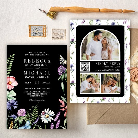 Boho Wildflower Photo QR Code Black Wedding Kaart