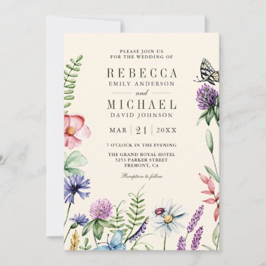 Boho Wildflower Photo QR Code Cream Wedding Kaart (Voorkant)