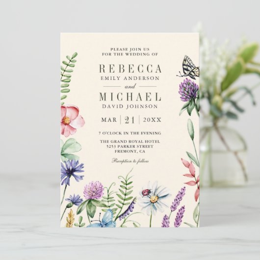 Boho Wildflower Photo QR Code Cream Wedding Kaart (Staand voorkant)