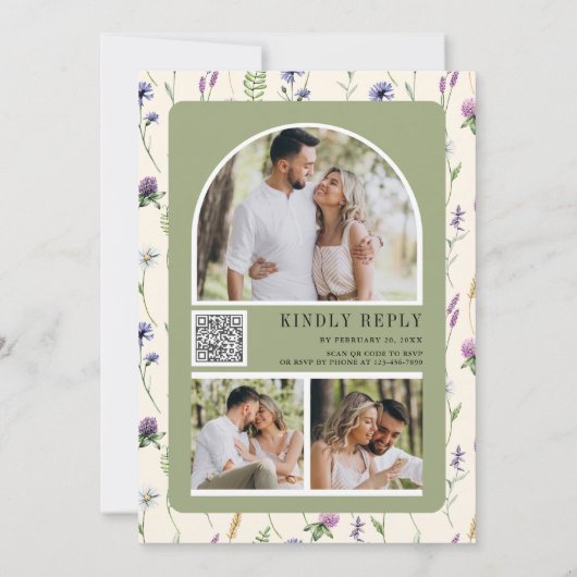 Boho Wildflower Photo QR Code Cream Wedding Kaart (Achterkant)