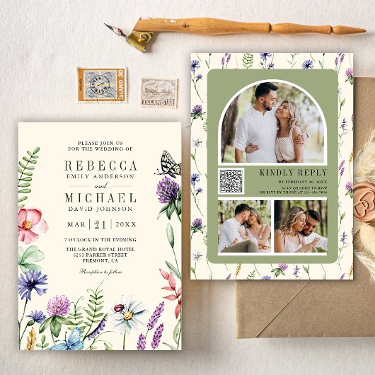 Boho Wildflower Photo QR Code Cream Wedding Kaart