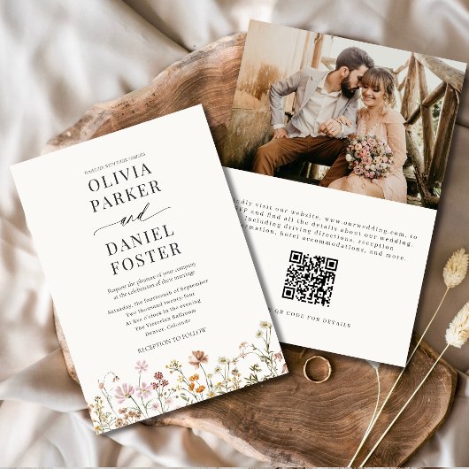 Boho Wildflower QR Code Foto Minimalistische bruil Kaart