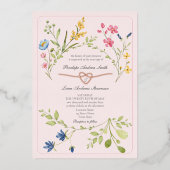 Boho Wildflower Roze bruiloft Folie Uitnodiging (Voorkant)