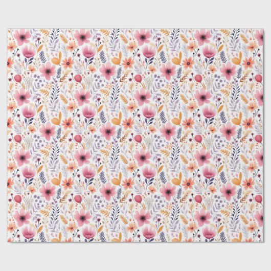 Boho Wildflower Roze Oranje Bruids Baby Shower Cadeaupapier (Vlak)