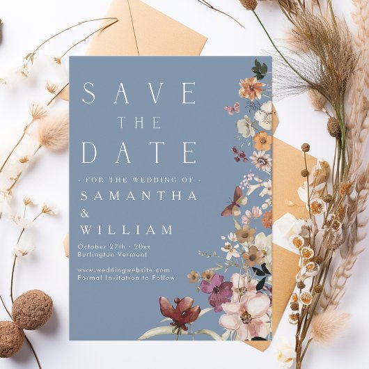 Boho Wildflower Rustic Periwinkle Save The Date Kaart
