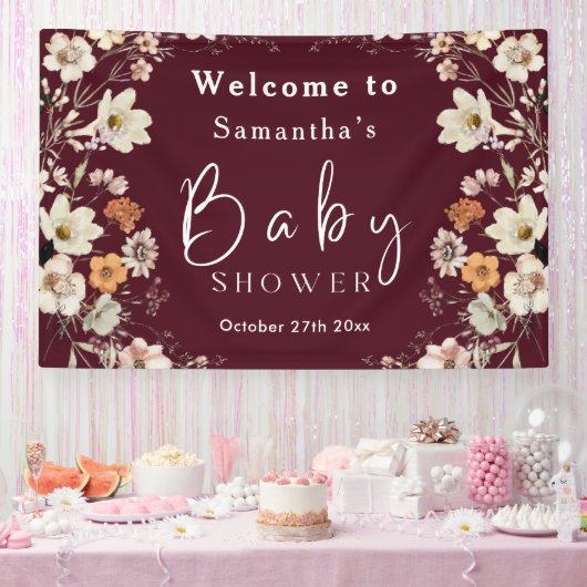 Boho Wildflower rustiek Bourgondisch Baby shower Spandoek (Feest)