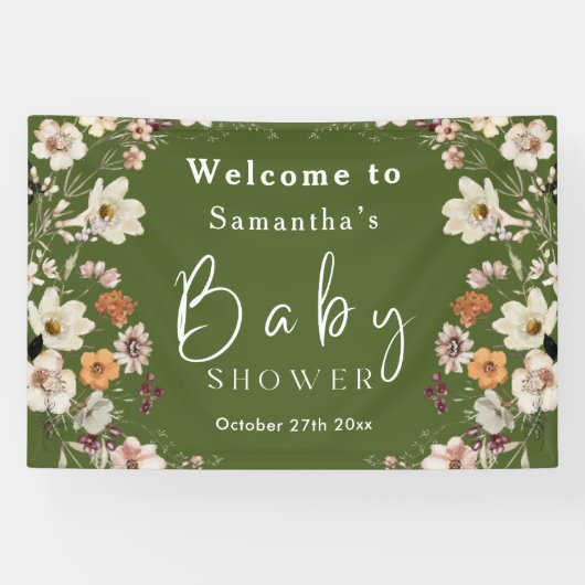 Boho Wildflower Rustiek Mos Groen Baby shower Spandoek (Horizontaal)