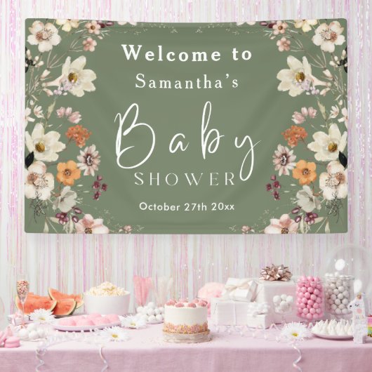 Boho Wildflower rustiek Salie Groen Baby shower Spandoek (Feest)