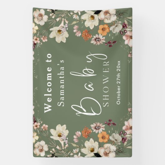 Boho Wildflower rustiek Salie Groen Baby shower Spandoek (Verticaal)