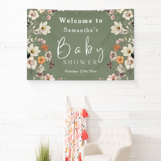 Boho Wildflower rustiek Salie Groen Baby shower Spandoek (Insitu)
