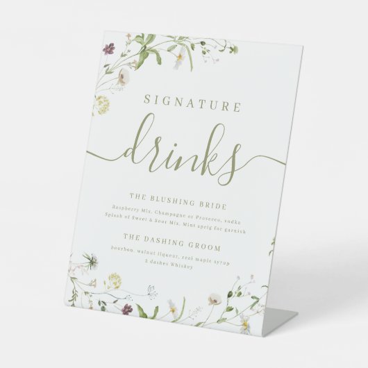 Boho Wildflower rustieke bruiloft Signature Drinke Reclamebord Met Voetstuk (Voorkant)