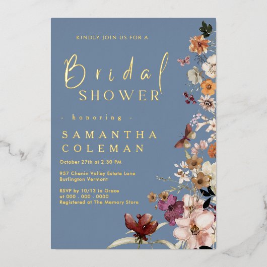 Boho Wildflower rustieke Periwinkle Vrijgezellenfe Folie Uitnodiging (Voorkant)