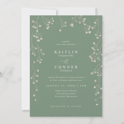 Boho Wildflower Sage Green Baby's Breath Wedding Kaart (Voorkant)