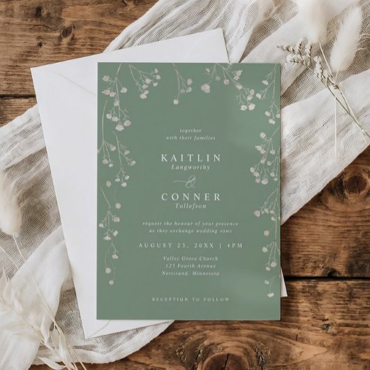 Boho Wildflower Sage Green Baby's Breath Wedding Kaart