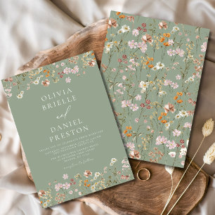 Boho Wildflower Sage Green Garden Wedding Kaart