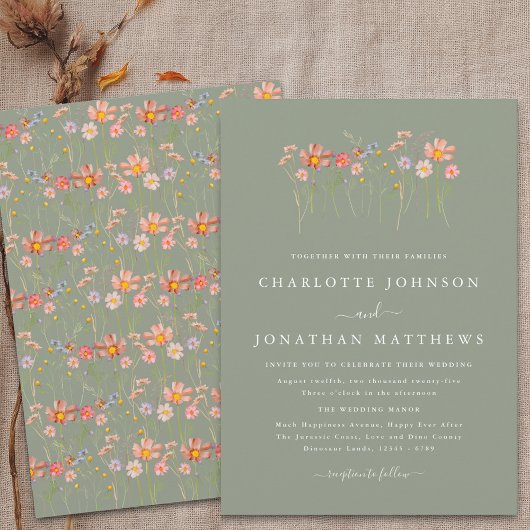 Boho Wildflower Sage Green Wedding Kaart