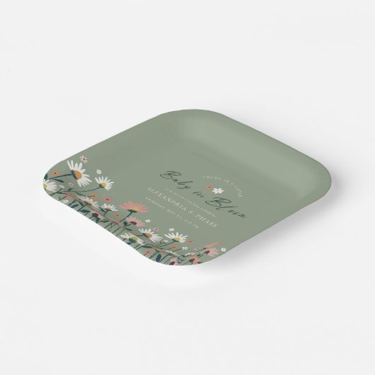 Boho Wildflower Sage Groene Baby in Bloemdouche Papieren Bordje (Gebogen)