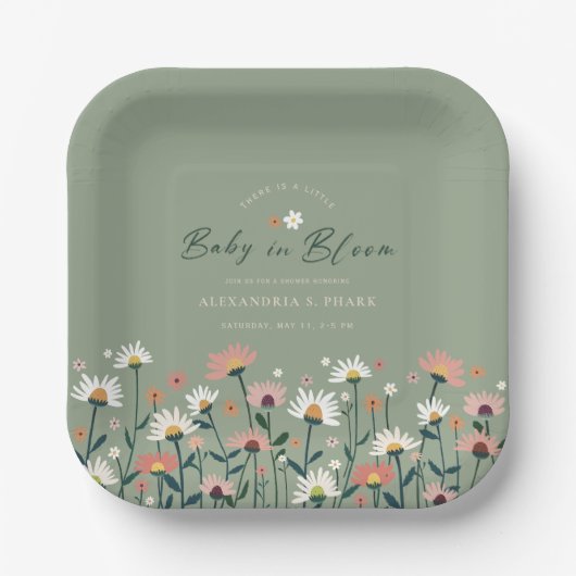 Boho Wildflower Sage Groene Baby in Bloemdouche Papieren Bordje (Voorkant)