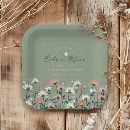 Boho Wildflower Sage Groene Baby in Bloemdouche Papieren Bordje