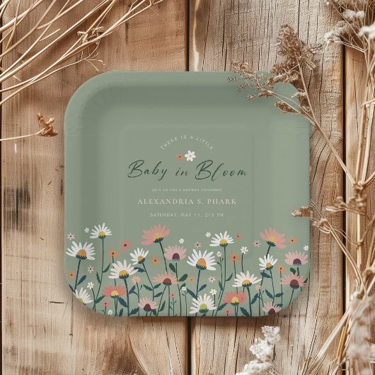 Boho Wildflower Sage Groene Baby in Bloemdouche Papieren Bordje
