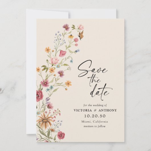 Boho Wildflower Save The Date met Foto Platte Kaar (Voorkant)