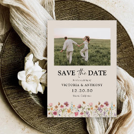 Boho Wildflower Save The Date met Foto Platte Kaar