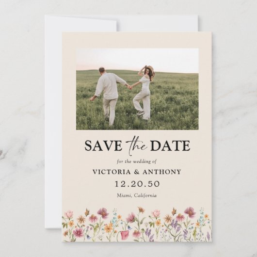 Boho Wildflower Save The Date met Foto Platte Kaar (Voorkant)