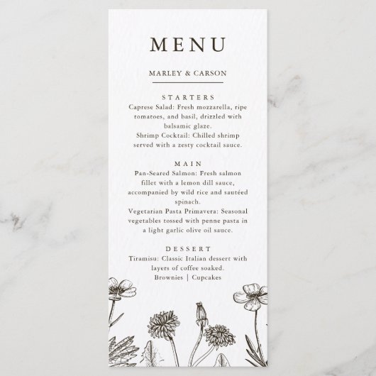 Boho Wildflower Schetste Hand getrokken bruiloft Menu (Voorkant)