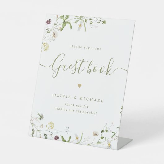 Boho Wildflower script rustiek bruiloft gastenboek Reclamebord Met Voetstuk (Voorkant)