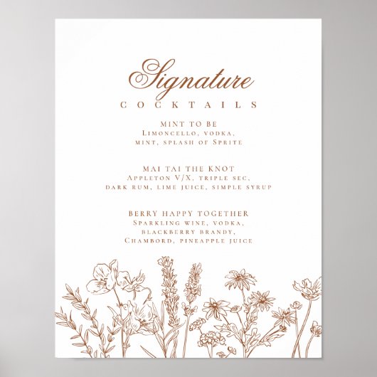 Boho Wildflower Signature Cocktail Menu Sign Poster (Voorkant)