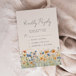 Boho Wildflower Sinaasappel Blauw Beige Wedding RSVP Kaartje