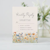 Boho Wildflower Sinaasappel Blauw Beige Wedding RSVP Kaartje (Staand voorkant)