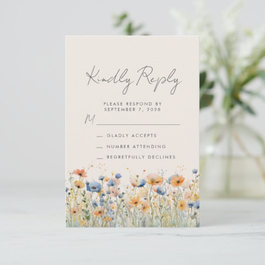 Boho Wildflower Sinaasappel Blauw Beige Wedding RSVP Kaartje (Staand voorkant)
