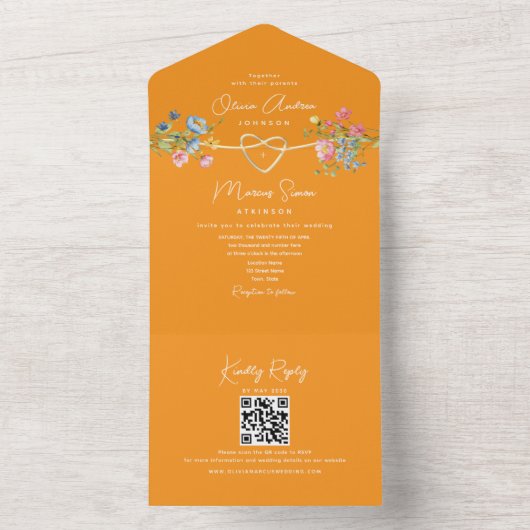 Boho Wildflower Sinaasappel Wedding All In One Uitnodiging (Binnen)