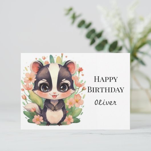 Boho Wildflower Skunk Verjaardag Kaart (Staand voorkant)