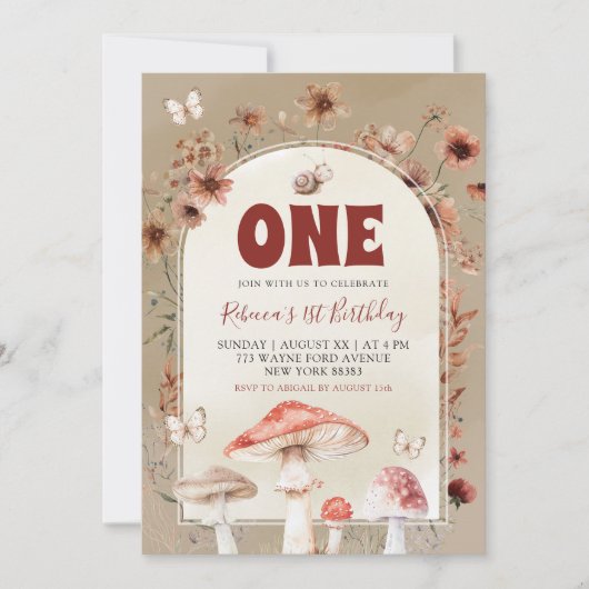 Boho Wildflower Slak en Paddestoel Eerste Verjaard Kaart (Voorkant)