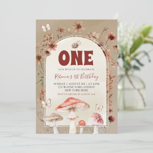 Boho Wildflower Slak en Paddestoel Eerste Verjaard Kaart (Staand voorkant)