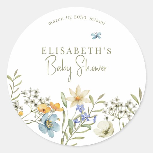 Boho wildflower spring baby shower gepersonaliseer ronde sticker (Voorkant)