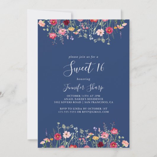 Boho Wildflower Sweet 16 Verjaardagsfeest Kaart (Voorkant)